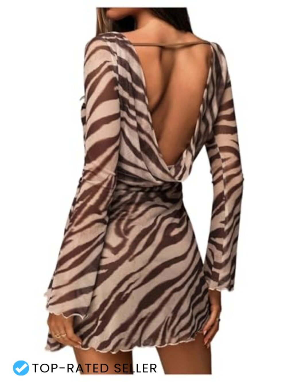 SOLY HUX Women's Long Sleeve Animal Print Mini Dress Backless Lettuce Trim